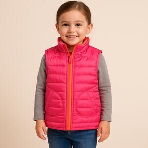 Route 66 Kids Pink Puffer Vest XS 4/5 Neon Orange Lining Quilted Sequin